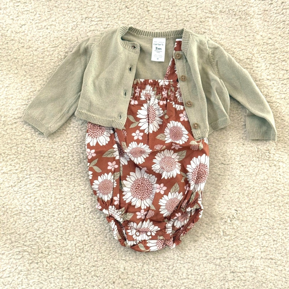 Carters Baby 2pc Set Cardigan and Sunflower‎ Floral Bubble Romper 3M